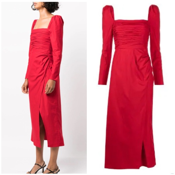 NWT REFORMATION Isaac Ruched Organic Cotton Dress in Red SZ US 8 - Picture 2 of 11